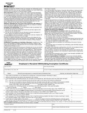 Maryland Form MW507 Employee Withholding Exemption Certificate