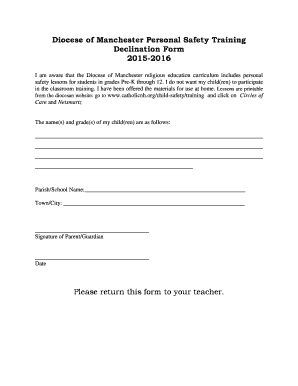 Diocese of Manchester Personal Safety Training Declination Form