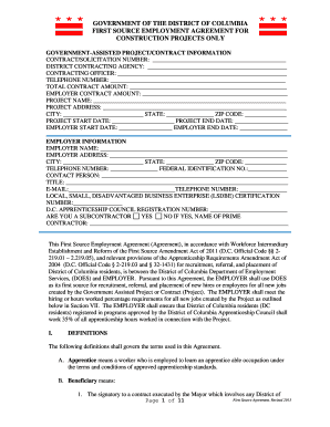 GOVERNMENT OF THE DISTRICT OF COLUMBIA FIRST SOURCE EMPLOYMENT AGREEMENT FOR CONSTRUCTION PROJECTS ONLY GOVERNMENT-ASSISTED PROJECT/CONTRACT INFORMATION CONTRACT/SOLICITATION NUMBER: DISTRICT CONTRACTING AGENCY: CONTRACTING OFFICER: