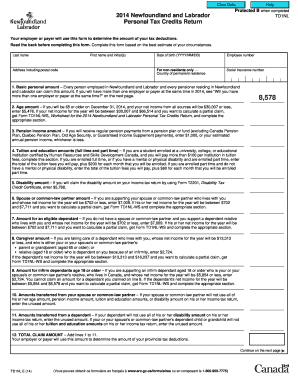 Newfoundland and Labrador TD1NL Personal Tax Credits Return