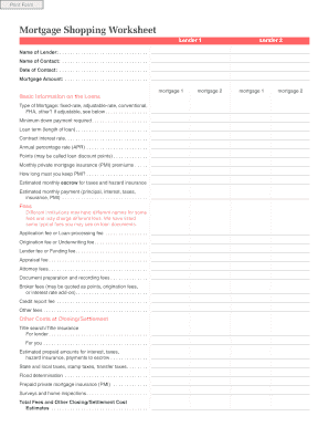Mortgage Shopping Worksheet