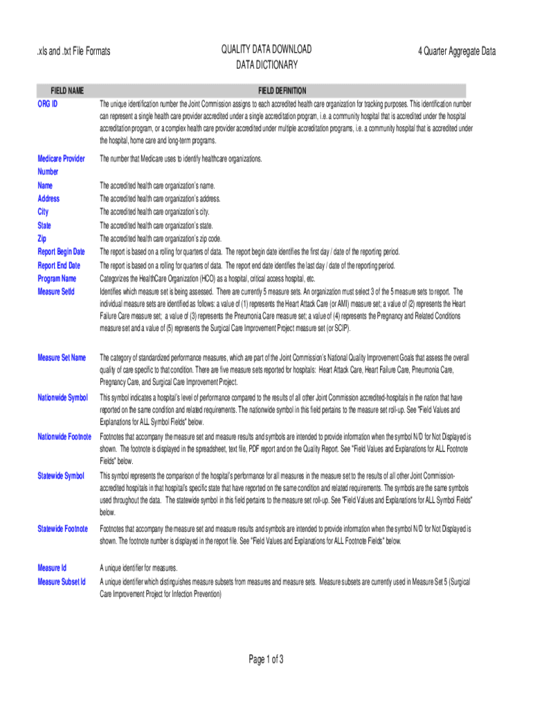 Fillable Online Data Dictionary for the Aggregate xls and .txt File