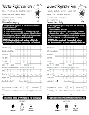 Volunteer Registration Form for Clean Up Australia Day