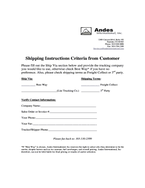 Shipping Instructions Form