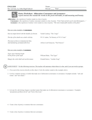 Poetry Worksheet Alliteration