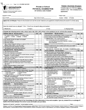 Pennsylvania School Age Student Physical Examination Form