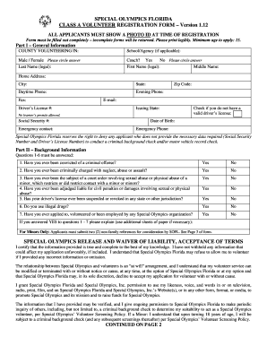 Special Olympics Florida Class A Volunteer Registration Form