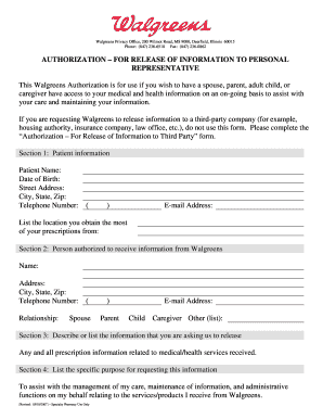 Walgreens Authorization for Release of Information to Personal Representative