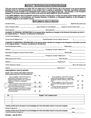 Student Re-Certification Form for Sports Participation