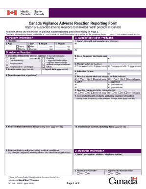 Canada Vigilance Adverse Reaction Reporting Form