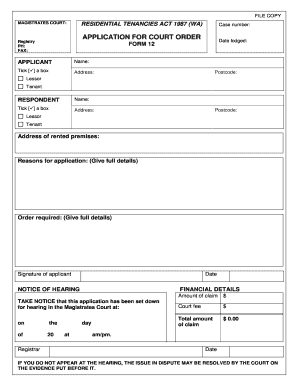 Application for Court Order - Residential Tenancies Act 1987 (WA)