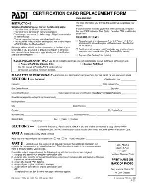 PADI Certification Card Replacement Form