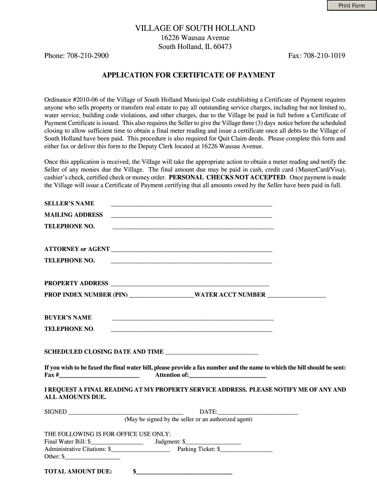 IL Application for Certificate of Payment - Village of South Pertaining To Certificate Of Payment Template
