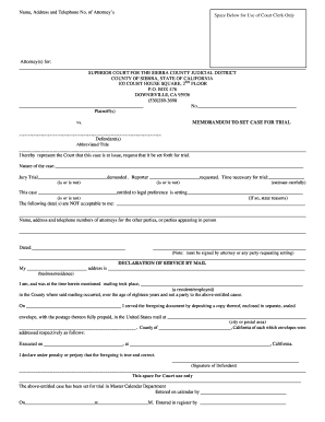 Memorandum to Set Case for Trial