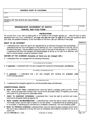 California Misdemeanor Advise of Rights Waiver and Plea Form
