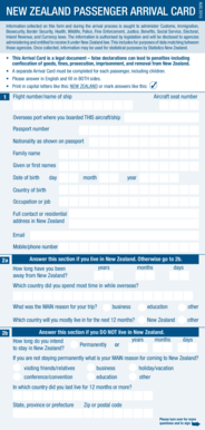 New Zealand Passenger Arrival Card