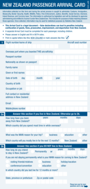 New Zealand Passenger Arrival Card