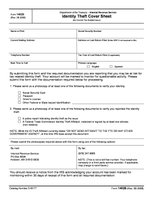 IRS Form 14026 Identity Theft Cover Sheet