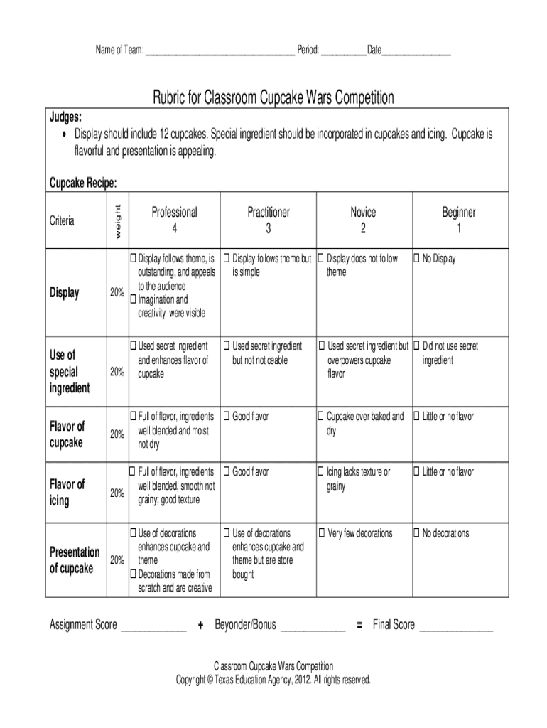 cupcake wars rubric Preview on Page 1