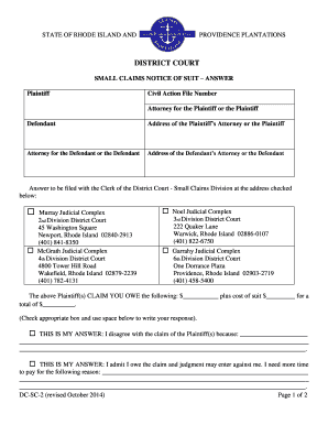 Rhode Island Small Claims Notice of Suit Answer