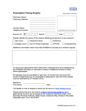 NHS Prescription Pricing Enquiry Form