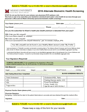 Miami University Biometric Health Screening Form