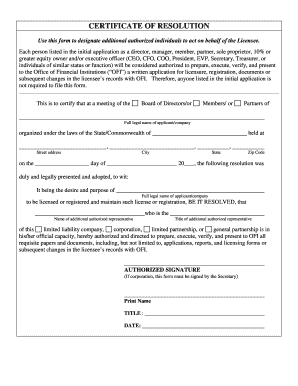 Certificate of Resolution for Authorized Representatives