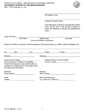 California Statement of Identity and Questionnaire