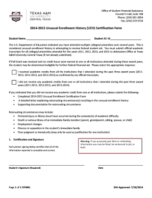 2014-2015 Unusual Enrollment History Certification Form
