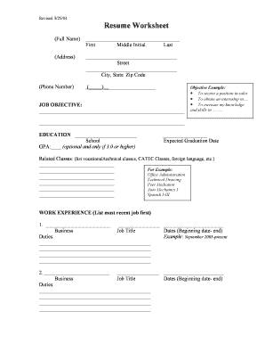 Resume Worksheet