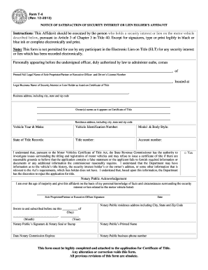 Notice of Satisfaction of Security Interest or Lien Holder’s Affidavit
