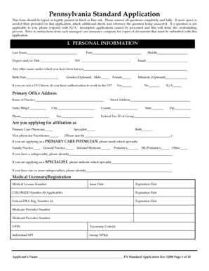 Pennsylvania Standard Application for Healthcare Providers
