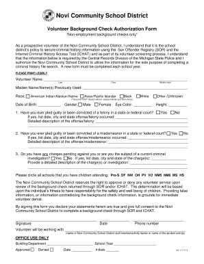 Novi Community School District Volunteer Background Check Authorization Form