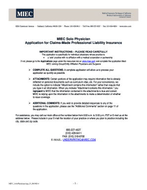 MIEC Solo Physician Professional Liability Insurance Application
