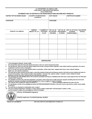 Veterinary Health Certificate for Pork Export to Australia