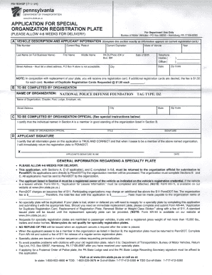 Pennsylvania Special Organization Registration Plate Application