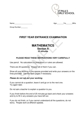 First Year Entrance Examination Mathematics