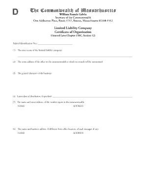 Massachusetts LLC Certificate of Organization