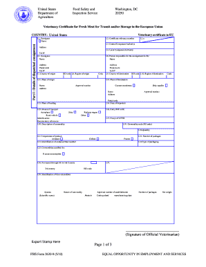 Veterinary Certificate for Fresh Meat for Transit and/or Storage in the European Union