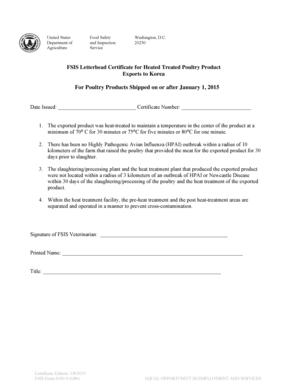 FSIS Certificate for Heated Treated Poultry Product Exports