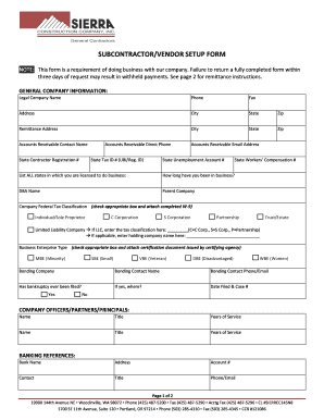 Subcontractor/Vendor Setup Form