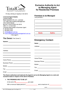 Exclusive Authority to Act as Managing Agent for Residential Premises