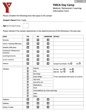 YMCA Day Camp Medical Information Form