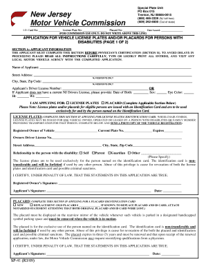 New Jersey Disability License Plate and Placard Application