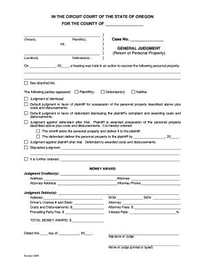 Oregon Return of Personal Property Judgment