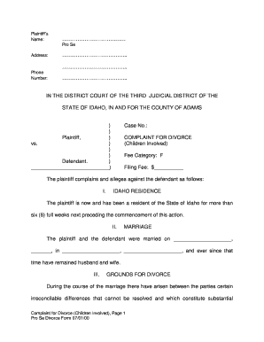 Idaho Divorce Complaint Form