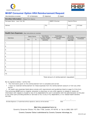 MHBP Consumer Option HRA Reimbursement Request