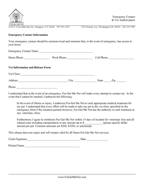 Pet Emergency Contact and Vet Authorization Form
