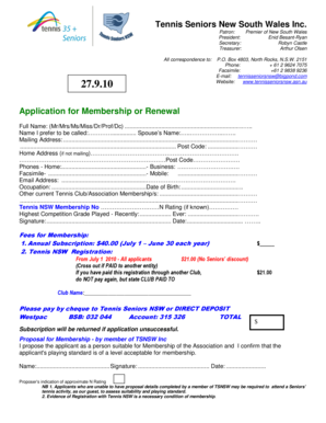 Tennis Seniors NSW Membership Application