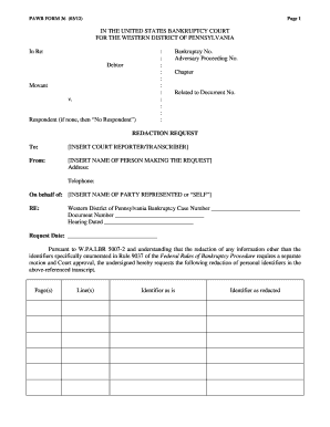 US Bankruptcy Court Redaction Request Form